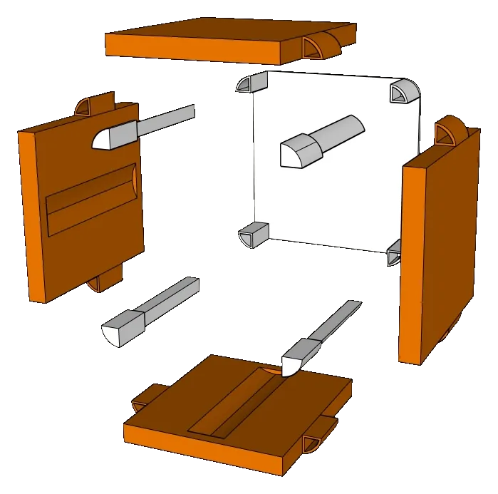 Exploded view of a ThrowGRID cube showing its panels and the keys that lock them together