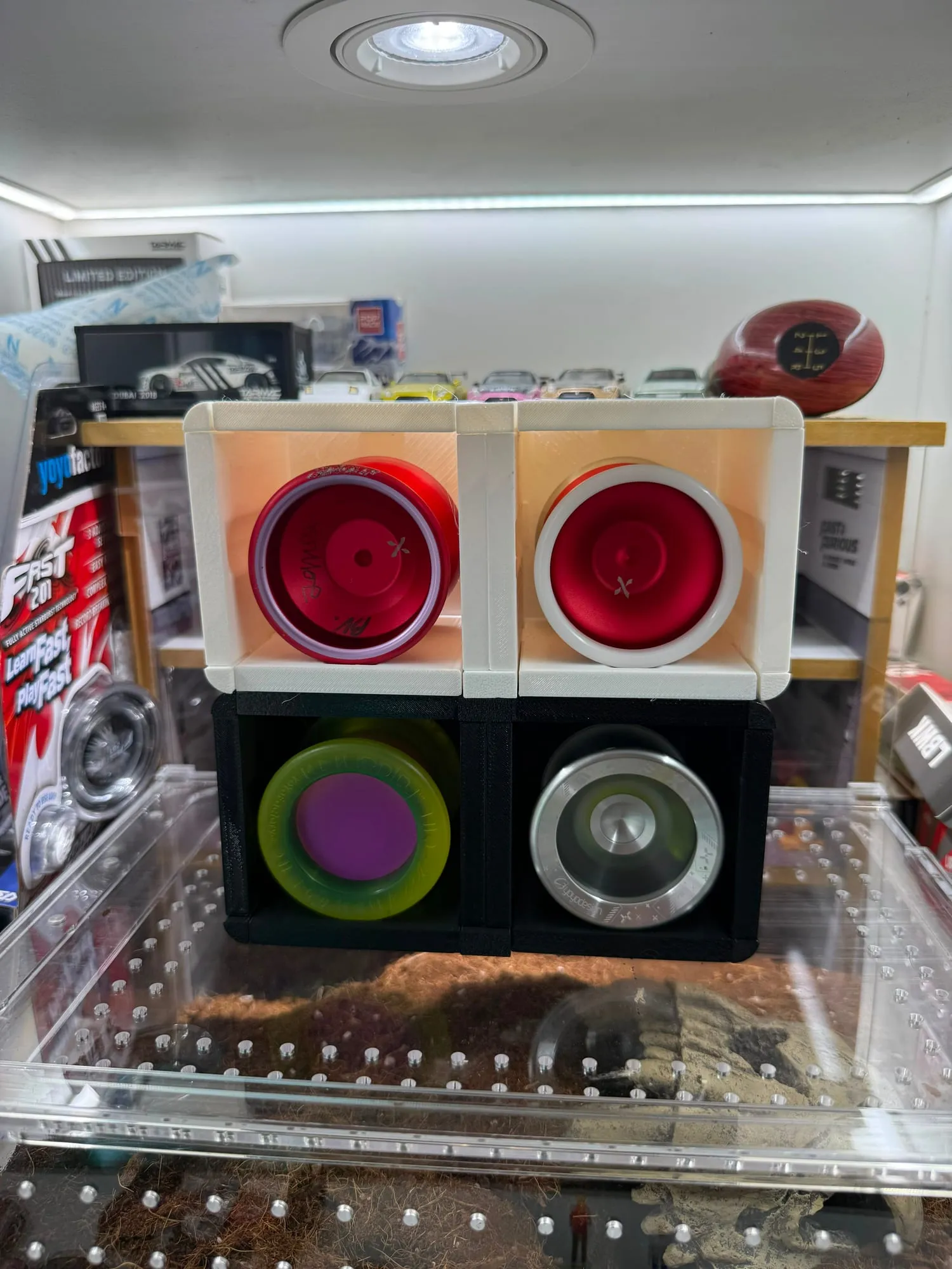 ThrowGRID cubes assembled into a multi-cube display in a cabinet